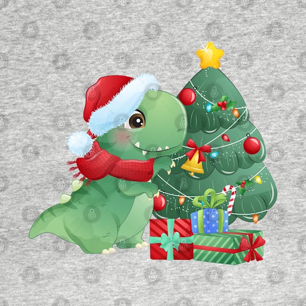 Cute Christmas T Rex Dinosaur With Christmas Tree And Gift Boxes by P-ashion Tee